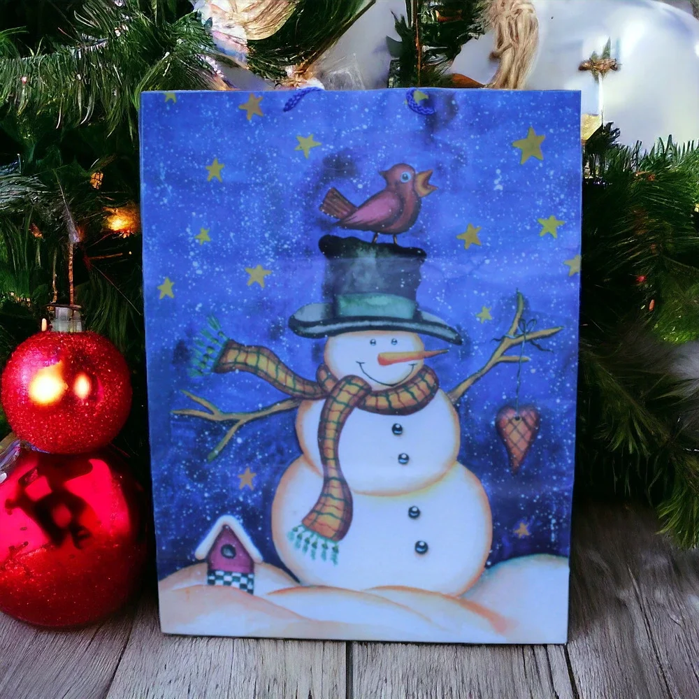 Voila Greenbrier International Large Snowman Christmas Stars Gift Bag 16x21x6